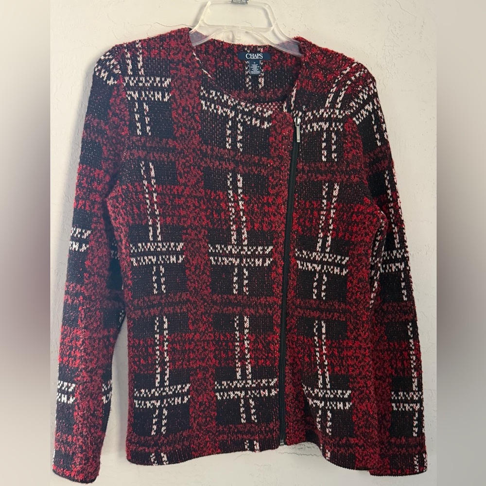 Women's Chaps Red/Black/White Plaid Zip-Up Sweater/Blazer, Sz M